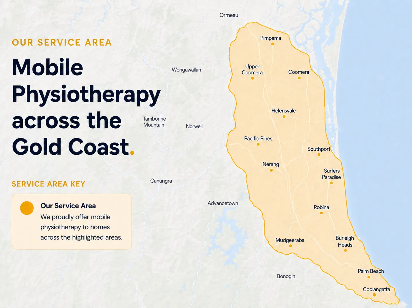 Map of the Shine Alliance mobile physiotherapy service area from Pimpama and Coomera in the north to Burleigh Heads and Coolangatta in the south